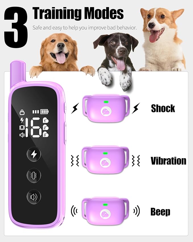 Dog Shock Collar with Remote Control - Rechargeable Training Collar for Dogs, Beep/Vibration/Shock, Security Lock, 2600FT Range IP68 Waterproof Electric Collar for 10-120lbs All Breeds, Purple
