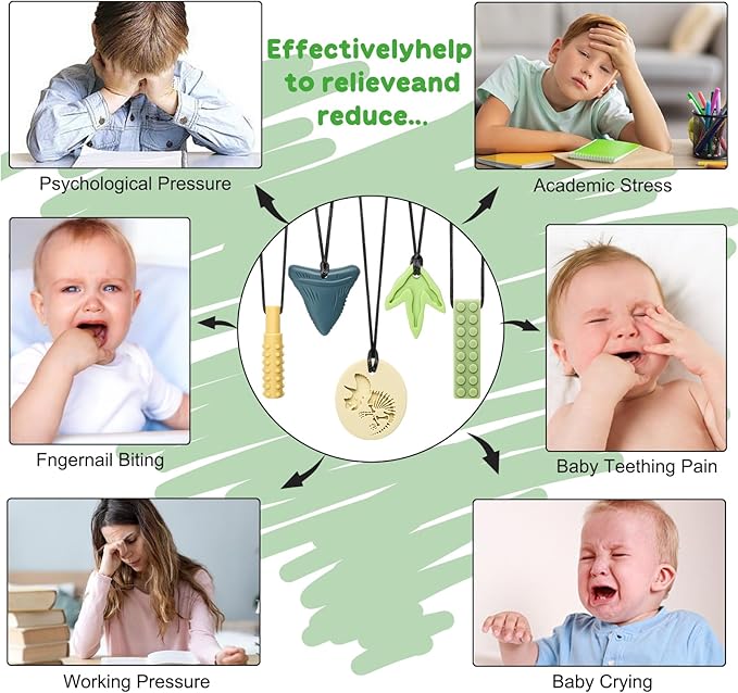 MISSLILI Sensory Chew Necklaces for Aggressive Chewers - Silicone Chewelry for Autism, ADHD, Oral Motor Therapy & Baby Teething - Dinosaur (BPA-Free, Textured Surface)