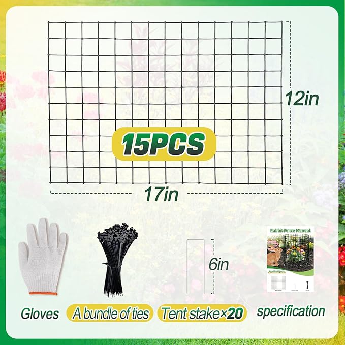 Alphatool 5 Packs Plant Protectors from Animals - 15pcs 17''L*12''H Easy to Bend Chicken Wire Nets Plant Cages Covers for Rabbits Squirrels Deers, Garden Bunny Barricades with Ties, Stakes, Gloves