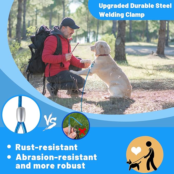 Dog Tie Out Cable 10/15/20/25/30/50 FT Dog Runner for Yard Steel Wire Dog Cable with Durable Superior Clips Blue Dog Chains for Outside Dog Lead for Large Dogs Up to 165 lbs