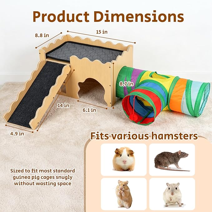 Wooden Guinea Pig Hideout Cave House, Guinea Pig Castle with Natural Cave-Style Entrance, Large Small Animal Habitat with Stairs, Waterproof Liner, Easy Assembly for Guinea Pigs, Rabbits & Hamsters