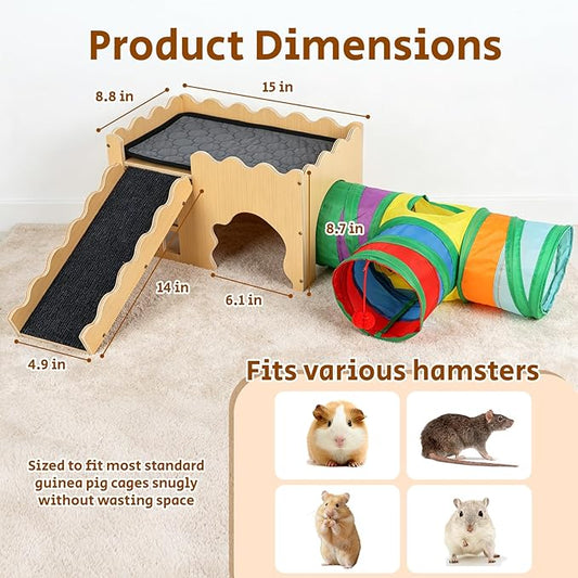 Wooden Guinea Pig Hideout Cave House, Guinea Pig Castle with Natural Cave-Style Entrance, Large Small Animal Habitat with Stairs, Waterproof Liner, Easy Assembly for Guinea Pigs, Rabbits & Hamsters