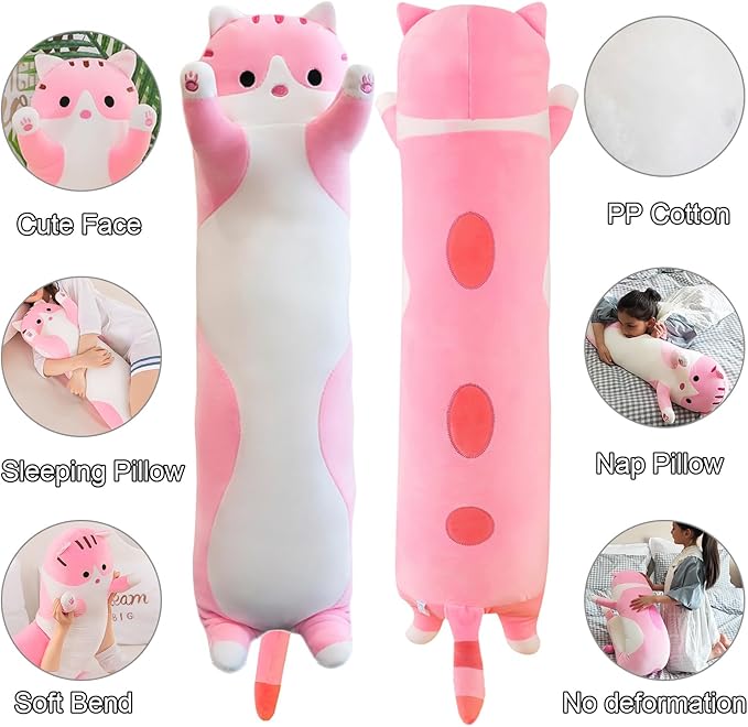 Giant Cat Pillow Plush Cartoon Kitty Sleeping Hugging Pillow, Cuddly Soft Long Kitten Body Pillow Doll Cat Cushion Toy for Kids Girlfriend (Pink, 90cm/35.4inch)