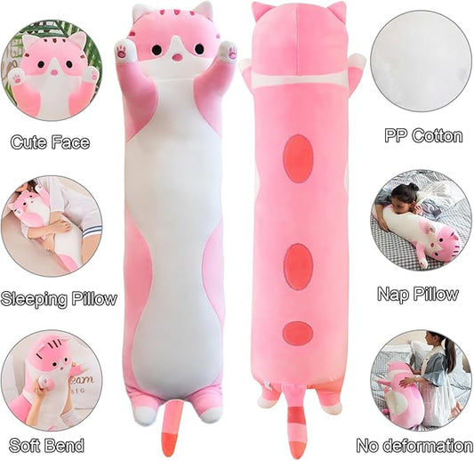 Giant Cat Pillow Plush Cartoon Kitty Sleeping Hugging Pillow, Cuddly Soft Long Kitten Body Pillow Doll Cat Cushion Toy for Kids Girlfriend (Pink, 90cm/35.4inch)