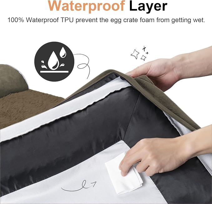 NANUYA Orthopedic Dog Bed for Small Dogs, 24 x 16 Inch, Brown | Egg crate foam for joint support, 3-sided bolster pet sofa, waterproof lining, washable cover, and non-skid base