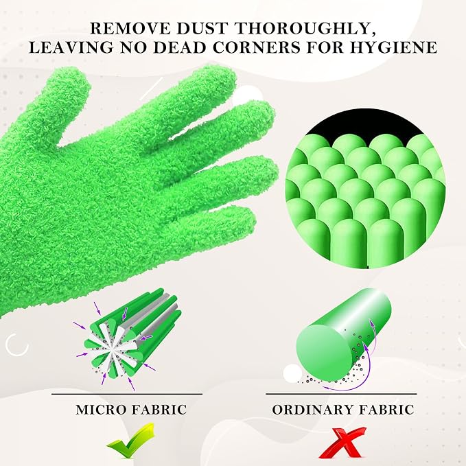 Evridwear Microfiber Dusting Gloves, Dusting Cleaning Glove for Plants, Blinds, Lamps and Small Hard to Reach Corners, 5 Pairs (Green L/XL)
