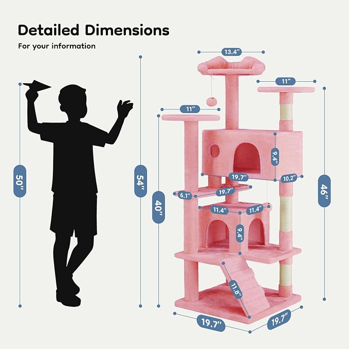 DUMOS 54-inch Indoor Cat Tree Tower –Multi-Level Pet House for Large Cats with 2 Condos, Scratching Posts, Round Platform, Small Ladder, and Toys, Pink