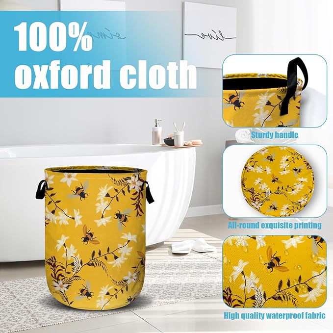 Bee Flower Laundry Basket, Spring Floral Laundry Hamper Collapsible Oxford Cloth with Handle Clothes Storage Bin for Bathroom Laundry Room Bedroom 15.7 X 20 Inch