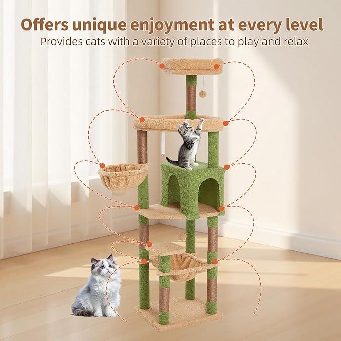 67-Inch Cat Tree with Bed, Hammock, Observation Deck, Plush Platform & Toy Ball for Indoor Cats (Green + Yellow)