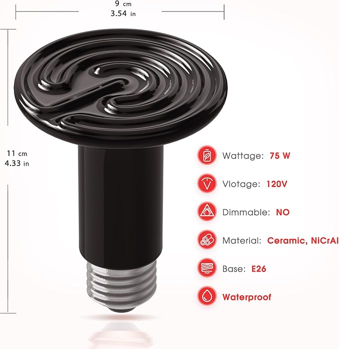 Ceramic Heat Emitter for Reptiles, 75W Heat Lamp Bulb, Ceramic Reptile Heat Bulb Black, No Light Emitting Heat Lamp for Amphibian Pet, Heat Bulb for Bearded Dragon Turtle Snake Lizard, 2 Pack