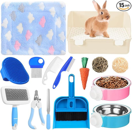 Reallnaive 15 Pcs Rabbit Starter Kit Small Rabbit Litter Box Girls Gift Animal Grooming Kit Bunny Toys Bowl Blankets with Cleaning Set for Guinea Pig Accessories(Beige)