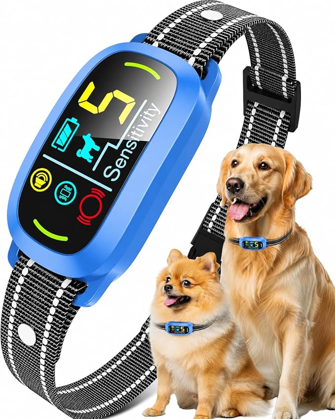 Smart AI Bark Collar for Large Medium Small Dogs, Anti Barking Device with 5 Training Modes, Exclusive Forced Bark-Stopping, Rechargeable IP67 Waterproof Bark Collar with 5 Sensitivity (Blue)