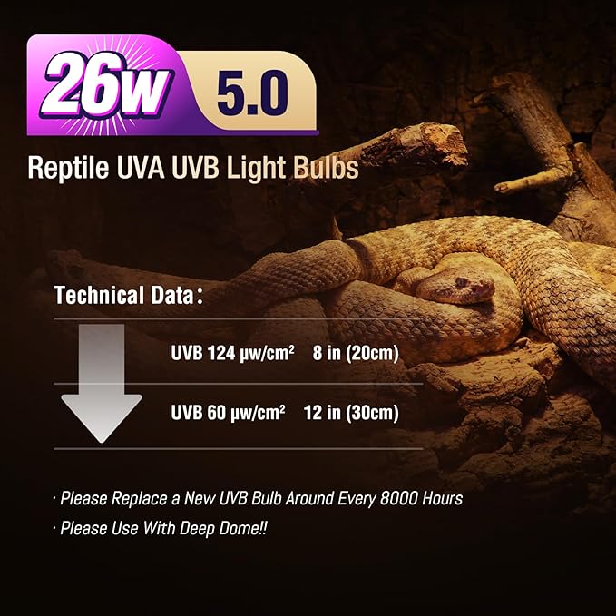 Leoterra 26W 5.0 Reptile UVB Light Bulb, Tropical UVA/UVB Full Spectrum Lamp for Green Anoles, Blue-Tongued Skinks & Leopard Geckos Large Terrarium, Last Long and Stable Output(E26 110V)