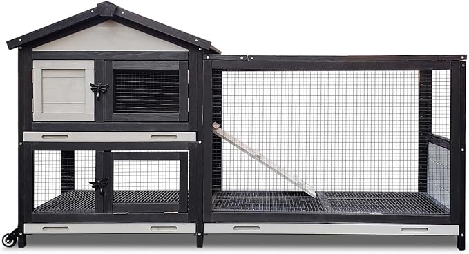 53 inches Wooden Rabbit Hutch for Small Animals with 2 Rolling Wheels Indoor Outdoor Pet Cage (Medium) Bunny Cages with Removable Trays and Bedding Area Waterpoof roof