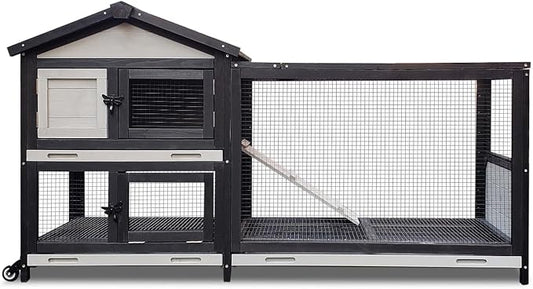 53 inches Wooden Rabbit Hutch for Small Animals with 2 Rolling Wheels Indoor Outdoor Pet Cage (Medium) Bunny Cages with Removable Trays and Bedding Area Waterpoof roof