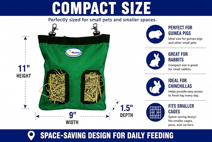 2-Opening Hay Bag for Rabbits, Guinea Pigs & Chinchillas, Compact Hanging Hay Feeder, 9" x 11" x 1.5", Helps Reduce Hay Waste & Cage Mess, 6-Month Warranty (Green, 9" x 11" x 1.5")