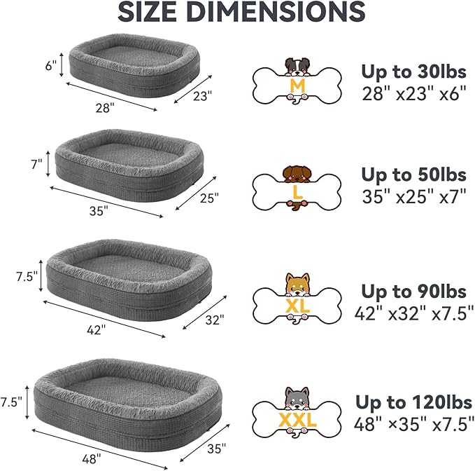 JOEJOY Orthopedic Dog Beds Large Sized Dog, XL Egg-Crate Memory Foam Pet Couch Bed with Bolster Sides, Waterproof Lining, Removable Washable Cover & Non-Slip Bottom, Grey