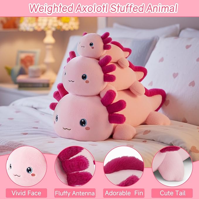 SQEQE Weighted Stuffed Animal Axolotl, Soft Weighted Axolotl Plush Toy, Cute Hugging Pillow Gift for Kids Adults, Home Decoration Valentines Gifts Birthday Present 9.8 Inch, 0.8 Lb