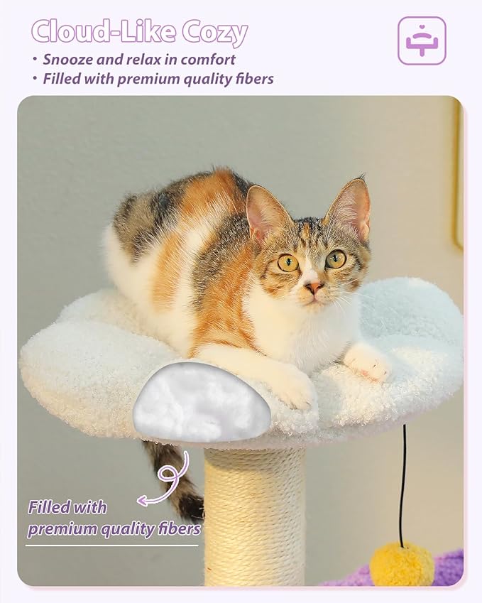 MUTTROS Purple Flower Cat Tree for Small Indoor Cats w/Large Metal Frame Hammock, 35" Cute Cat Tower with Sisal Scratching Posts, Cozy Condo with Cloud White Bed for Kittens