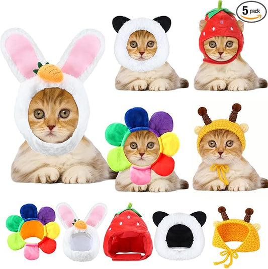 Weewooday 5 Pcs Cat Adorable Costume Bunny Hat with Ears Funny Mane Cat Hat for Pets and Small Dogs Kitten Puppy Party Costume Accessory Headwear(Panda, Rabbit, Pineapple, Strawberry, Flower)