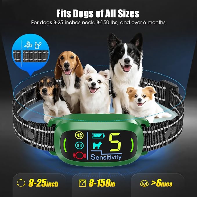 Smart AI Bark Collar for Large Medium Small Dogs, Anti Barking Device with 5 Training Modes, Exclusive Forced Bark-Stopping, Rechargeable IP67 Waterproof Bark Collar with 5 Sensitivity (Green)