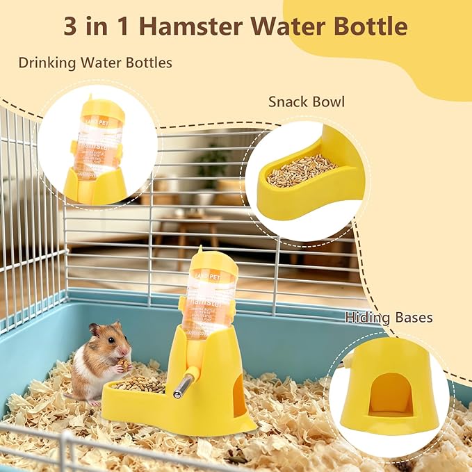 Litewoo 3 in 1 Hamster Water Bottle Small Animal Water Bottle with Food Container Base Hut Hanging Pet Automatic Feeding Drinking Dispenser for Dwarf Hamster Rats Mouse Gerbil Mice
