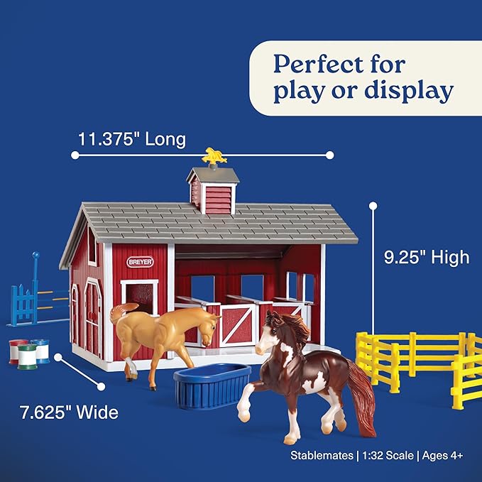 Breyer Stablemates Red Stable Set with Two Horse Figurines - Premium Horse Barn Toy for Kids - Educational Collectible Equestrian Gift for Kids - Imaginative Play Set
