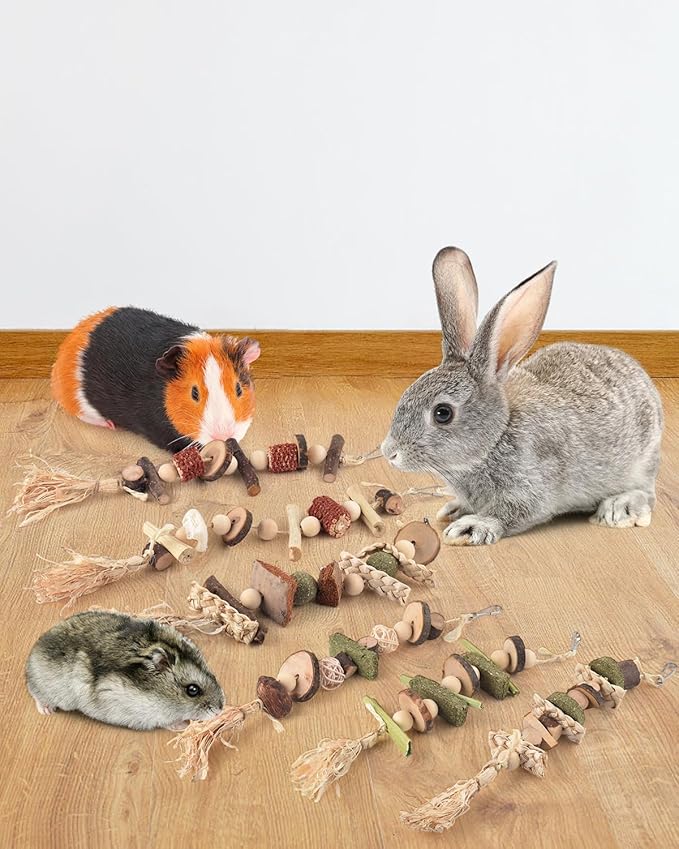 DBNESS 6PCS Bunny Chew Toys, Hamster Rabbit Cage Hanging Chew Toys, Natural Apple Wood Bunnies Treats, Improve Small Animal Teeth Health for Guinea Pig Chinchilla Ferret Rats Gerbil
