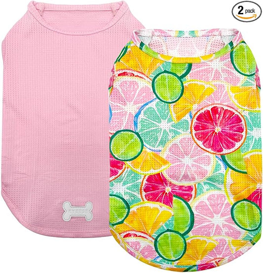 KYEESE 2Pack Dog Shirt, Lightweight Sun Protection Dog T Shirts for Small Dogs Girl, Breathable Mesh Tank Top Sleeveless Pet Reflective Vest, Soft Summer Dogs Clothes, Lemon+Pink, M