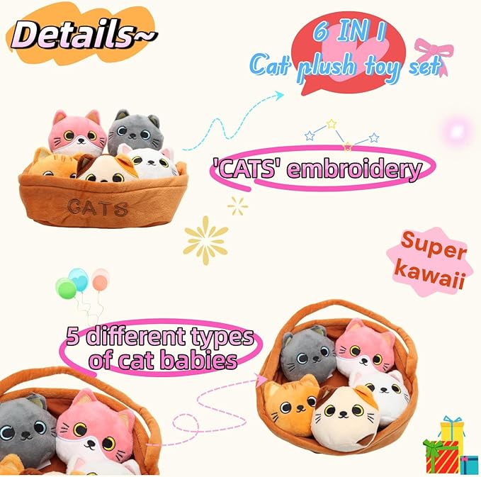 Plush Cat Toy Set, 5PCS Interactive Stuffed Cats with Basket, Cute Kawaii Kitten Plushies, Soft Animal Toys for Kids & Cat Lovers Gifts for Birthday, Home Decor, 7.87” Basket 4.3” Cat