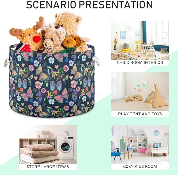 Butterfly Print Round Storage Basket Summer Colorful Butterfly Flowers Large Laundry Hamper 20 x 20 x 14 Inches Organizer Bin with Handles Clothes Storage Bag for Nursery Bedroom Living Room Decor