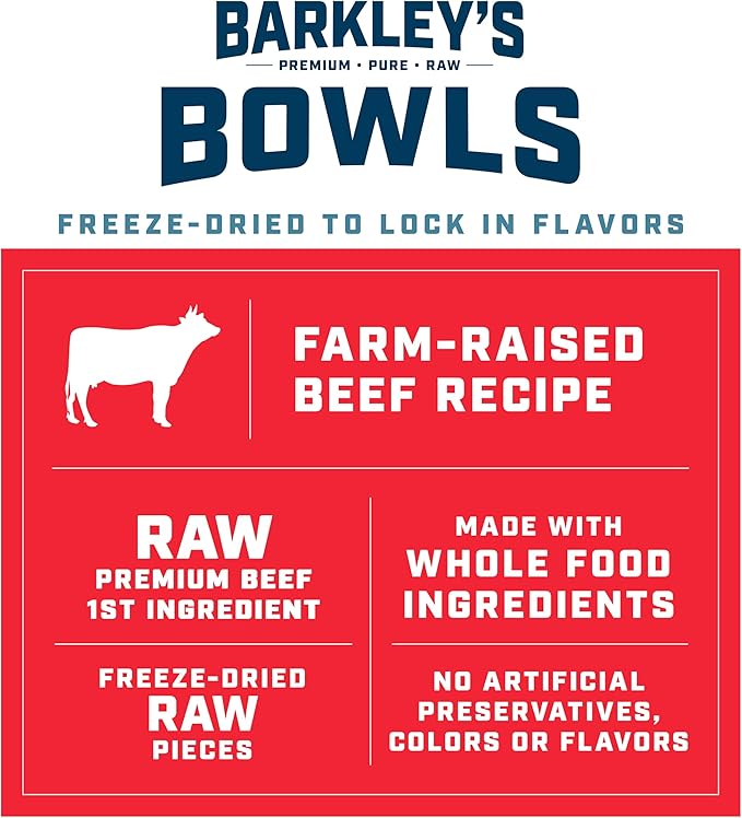 Barkley’s Bowls, Freeze-Dried Raw Beef Dog Food, Fresh Whole Food Ingredients with Farm-Raised Beef, Grain Free, High Protein for Balanced Nutrition, Dog Treats or Topper, 16 Oz Bag (6 Pack)