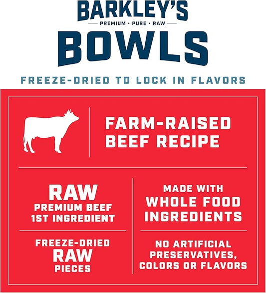 Barkley’s Bowls, Freeze-Dried Raw Beef Dog Food, Fresh Whole Food Ingredients with Farm-Raised Beef, Grain Free, High Protein for Balanced Nutrition, Dog Treats or Topper, 16 Oz Bag