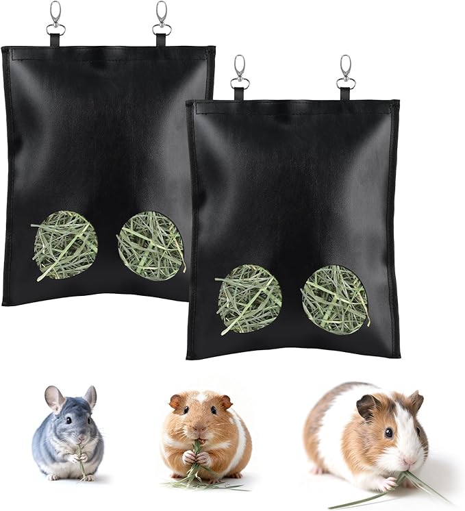 2Pcs Hanging Hay Feeder Bag for Guinea Pigs, Capacity of 0.35 Pounds of Hay, 11.8 x 9.8 Inch Bilayer Harmless Artificial Leather, 2-Hole Washable Hay Feeding Pouch for Small Rabbit, Chinchillas