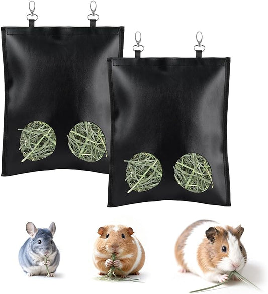 2Pcs Hanging Hay Feeder Bag for Guinea Pigs, Capacity of 0.35 Pounds of Hay, 11.8 x 9.8 Inch Bilayer Harmless Artificial Leather, 2-Hole Washable Hay Feeding Pouch for Small Rabbit, Chinchillas