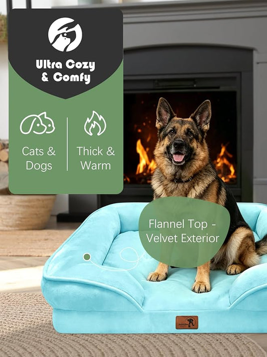 Spotted Play Orthopedic Dog Bed with Sides - Sofa Beds for Extra Large Dogs, Supportive Foam Pet Couch Bed with Washable Removable Cover, Waterproof Lining and Non-Slip Bottom, Ice Blue - XL