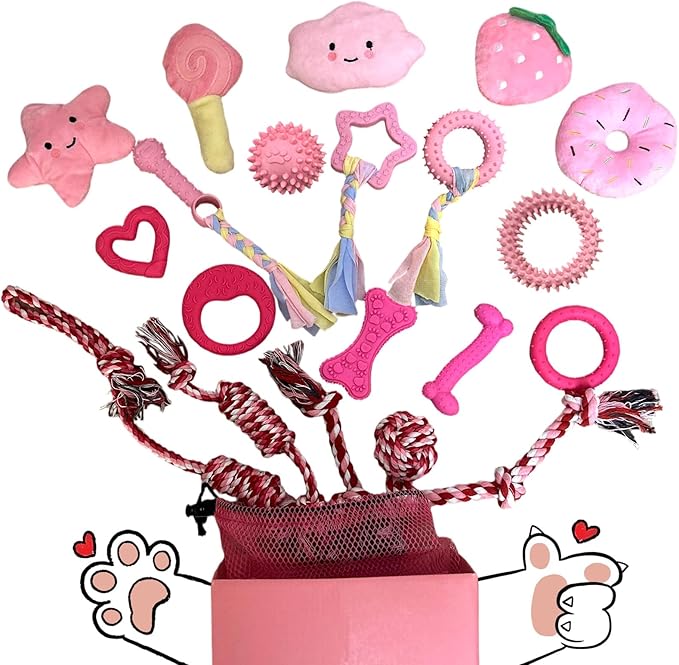 20Pcs Puppy Teething Toys for Small Medium Dogs - Cute Chew Toy Bundle Includes Plush Squeaky Toys, Rubber Ball, Rope Toy, TPR Bone, Dental Chew Ring - Interactive Dog Toy Gift with Storage Bag