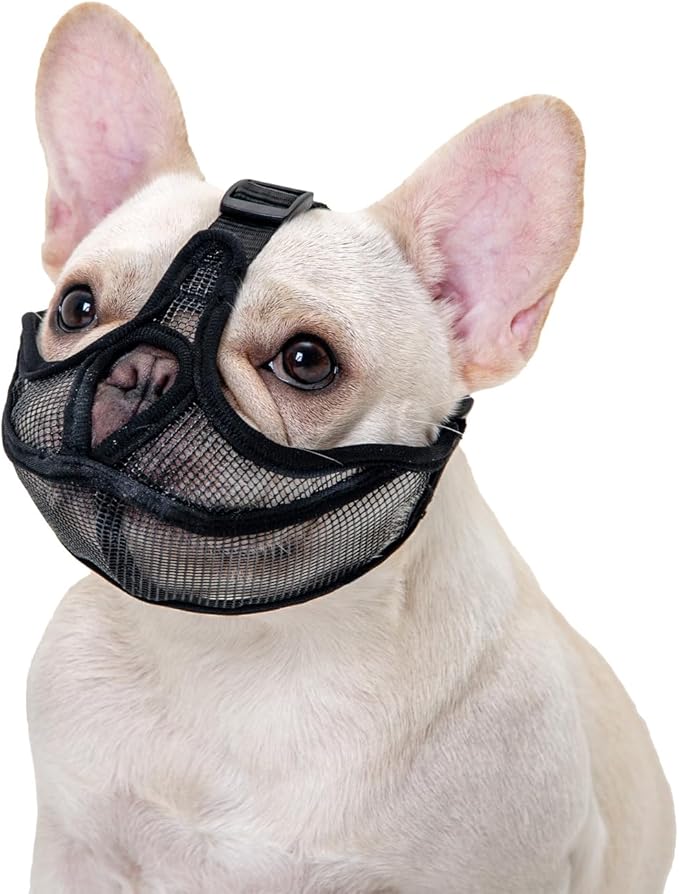 OHCOZZY Short Snout Dog Muzzle, Won’t Cover Forehead Bulldog Muzzle Adjustable Breathe Mesh, Anti Bitting Chewing Barking（S,Black）