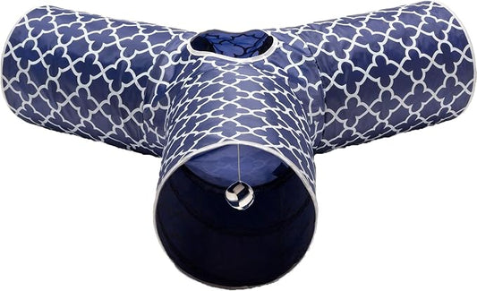 Cat Tunnel - Collapsible 3 Way Quatrefoil Play Toy - Tube Fun for Rabbits, Kittens, and Dogs - Quatrefoil Navy/White