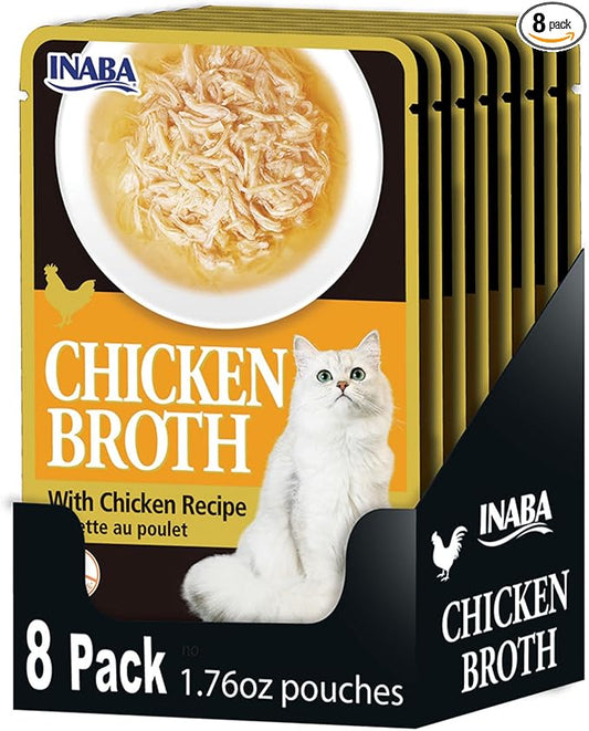 INABA Chicken Broth, Side Dish/Topper for Cats with Vitamin E, 1.76 Ounce Pouch, 8 Pouches Total, Chicken Recipe