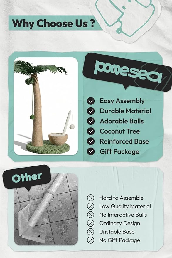33" Tall Cat Scratching Post, Natural Jute Cat Scratcher for Indoor Cats,Coconut Tree & Straw Design with Hanging Toy Ball & Rest Platform,Stable Furniture Protector for Kittens & Adult Cats,M