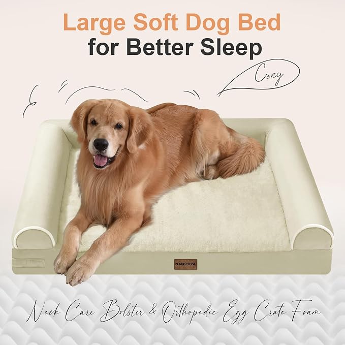 NANUYA Orthopedic Dog Bed for Large Dogs, 38 x 25 Inch, Beige | Egg crate foam for joint support, 3-sided bolster pet sofa, waterproof lining, washable cover, and non-skid base