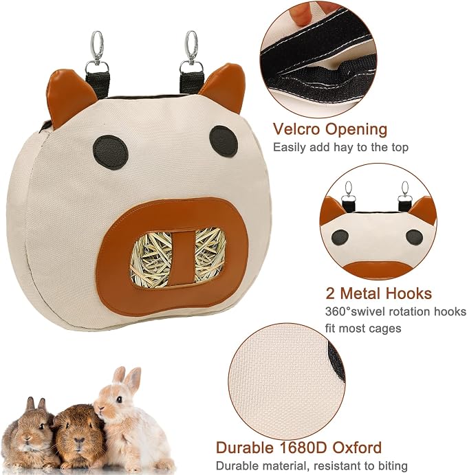 Rabbit Hay Feeder Bag, Hay Feeder for Guinea Pig Timothy Hay Feeder Dispenser Storage with 2 Hanging Hooks for Bunny Small Animal Cage Mess Free (Brown)