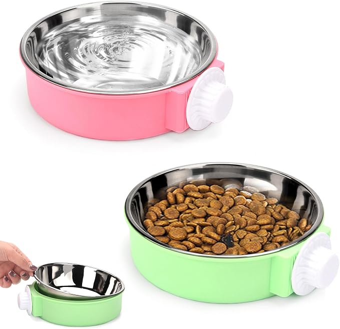 2 Pcs Crate Dog Bowl, Removable Stainless Steel Hanging Pet Food Water Feeder Pet Kennel Cage Bowl for Puppy Cat Rabbit Ferret Guinea Pig (Pink&Green)