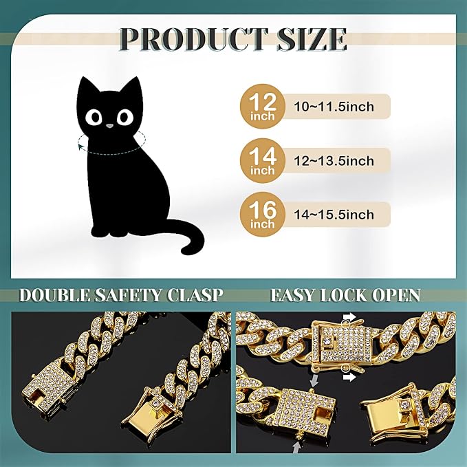 Xuniea 2 Pieces Cat Dog Chain Collar and Sunglasses Set Rhinestone Necklace with Secure Buckle Round Glasses for Doll Cat Dog Pet Accessories(16 Inch,Gold, Black)