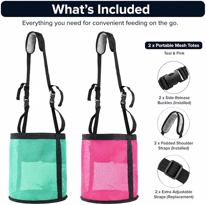 Horse Feed Bag,Heavy Duty Muzzle Feed Bag with Adjustable Strap,Comfort Neck Pad,Nose Pad and Double Waterproof Bottom Mesh Feed Bags for Horse Pack of 2