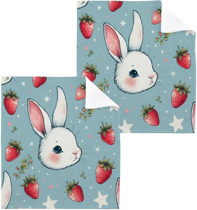 Qilmy Rabbit with Strawberry Washcloths 2 Pack, 12x12 Inch Cotton Wash Cloths - Highly Absorbent Face Towels for Bathroom, Washing, Gym, and Spa