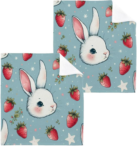Qilmy Rabbit with Strawberry Washcloths 2 Pack, 12x12 Inch Cotton Wash Cloths - Highly Absorbent Face Towels for Bathroom, Washing, Gym, and Spa