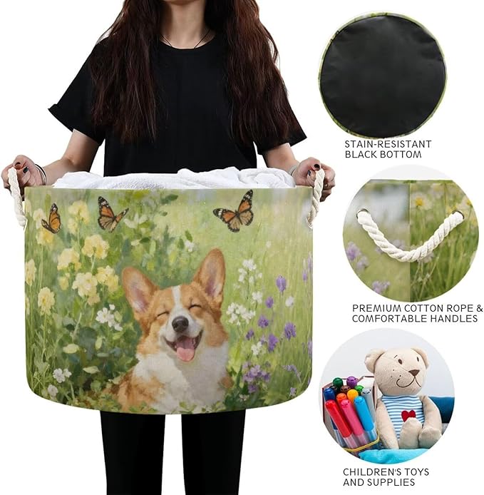 Joyful Corgi Print Round Storage Basket Dog Flower Garden Large Laundry Hamper 20 x 20 x 14 Inches Organizer Bin with Cotton Rope Handles Clothes Storage Bag for Nursery Bedroom Living Room Decor