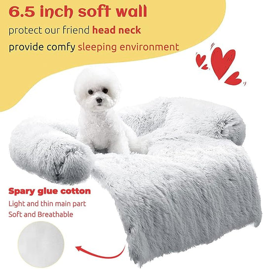 HACHIKITTY Calming Pet Sofa Bed Mat, Washable Fluffy Couch Cover for Dogs and Cats, Anti-Slip Bottom (30"x 27"x 6", Gray)